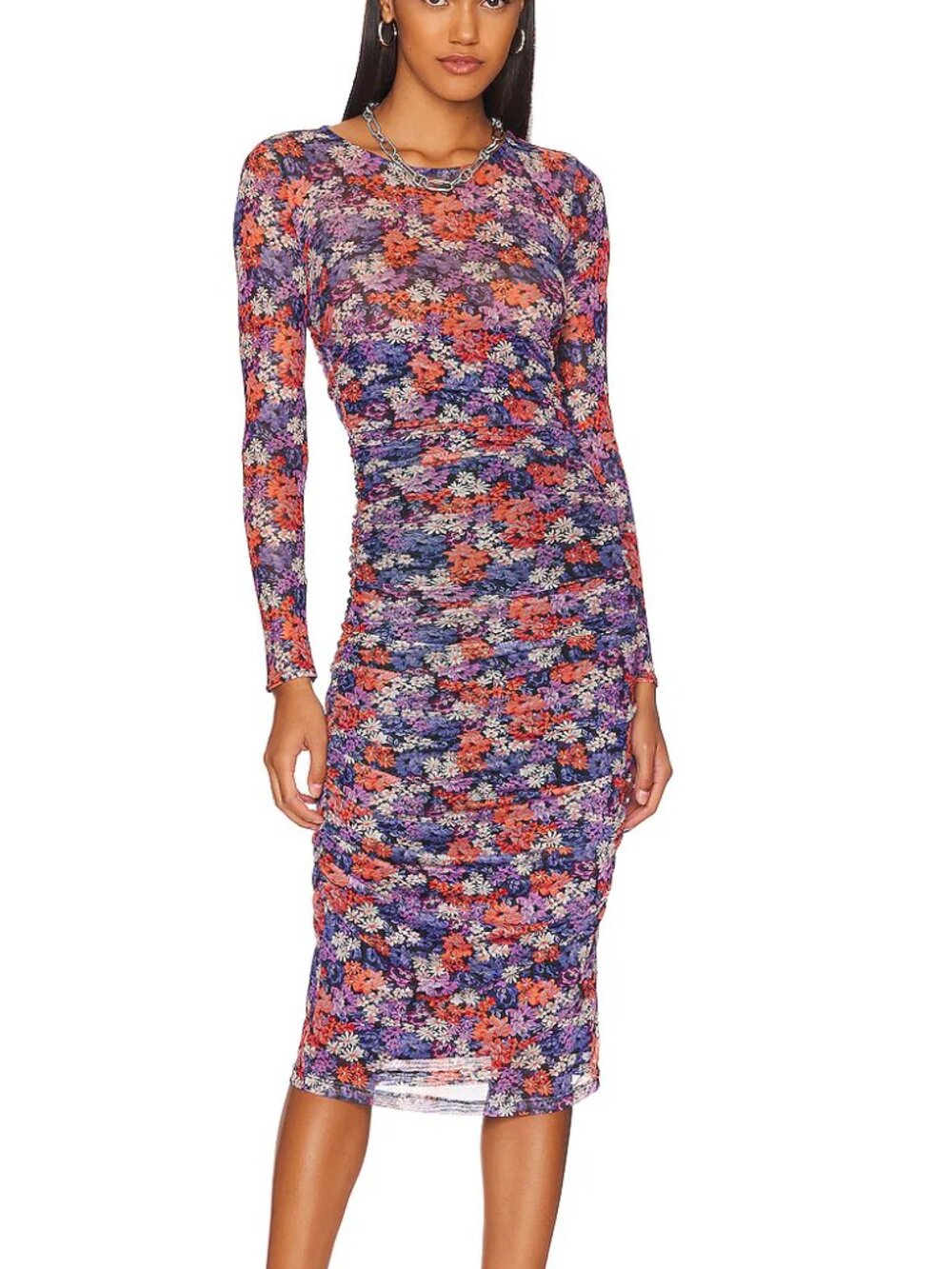 1. STATE Sheer Ruched Midi Dress w/ Vibrant Floral Print & Long Sleeves